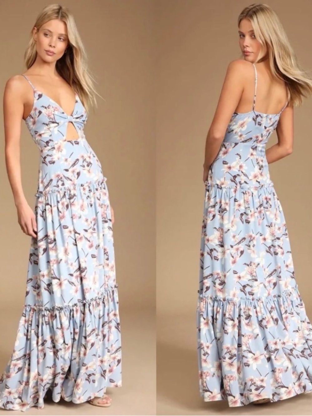 NWT Lulus Blooms of Paradise Light Blue Floral Print Sleeveless Maxi Dress L